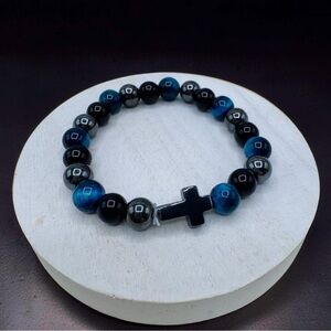 Tiger Eye mix, Blue and Black Beaded Cross Bracelet - Women’s Jewelry